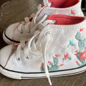 Converse White High-Top Kids Sneakers with Pink Lining and Cactus Embroidery